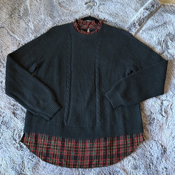 Loft Black red green gold Plaid Layered Mixed Media Cable Sweater keyhole size L - Picture 8 of 12